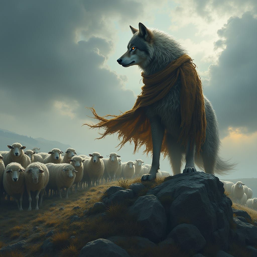 Majestic Wolf Herds Sheep Amidst Stormy Sky in Cinematic Sty...
