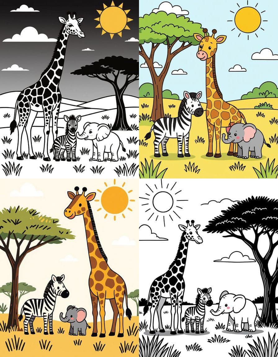 Cartoon Line Art of Giraffe, Zebra, and Elephant in Grasslan...