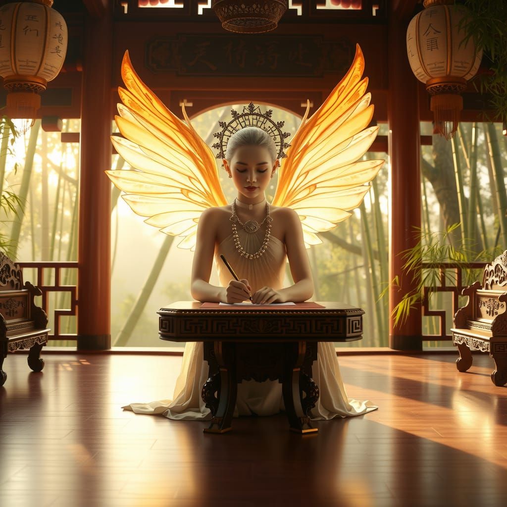 Angel Writing Calligraphy in Temple at Sunrise