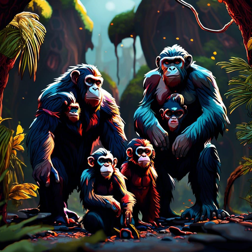 Ape Family in Detailed Matte Painting Style