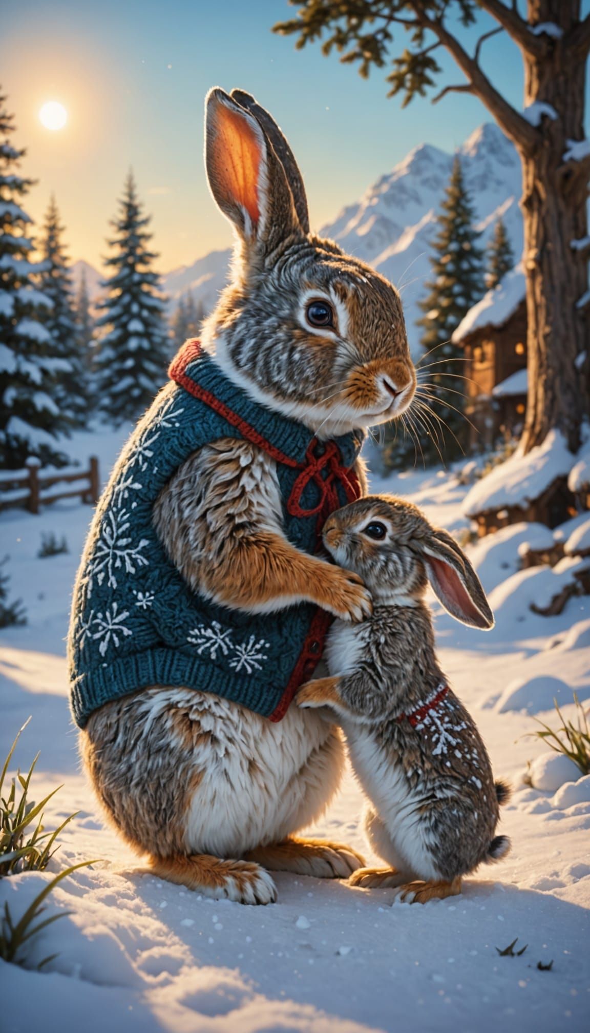 Whimsical Mother and Baby Bunny in Snowy Wonderland