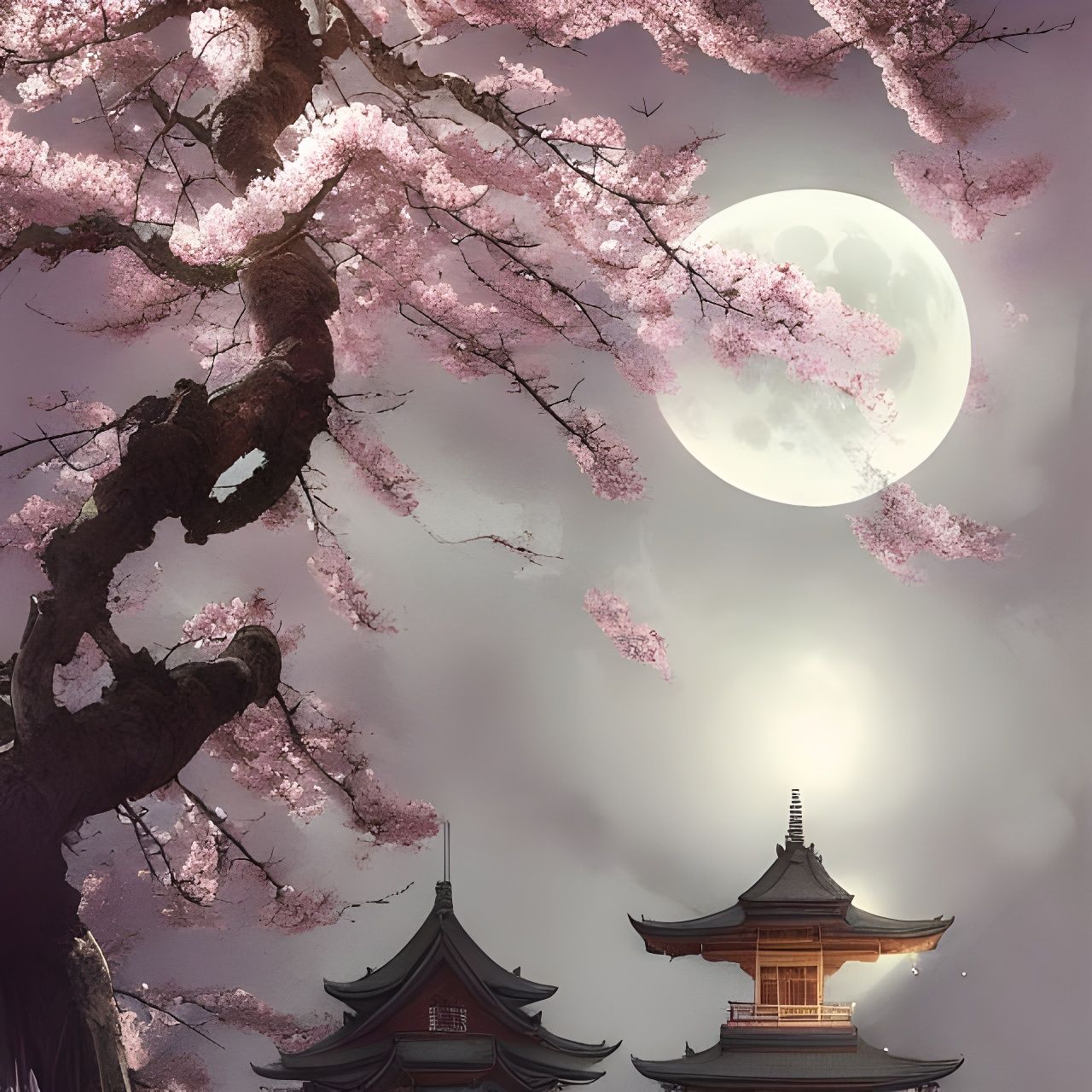 Temple, sakura and the moon