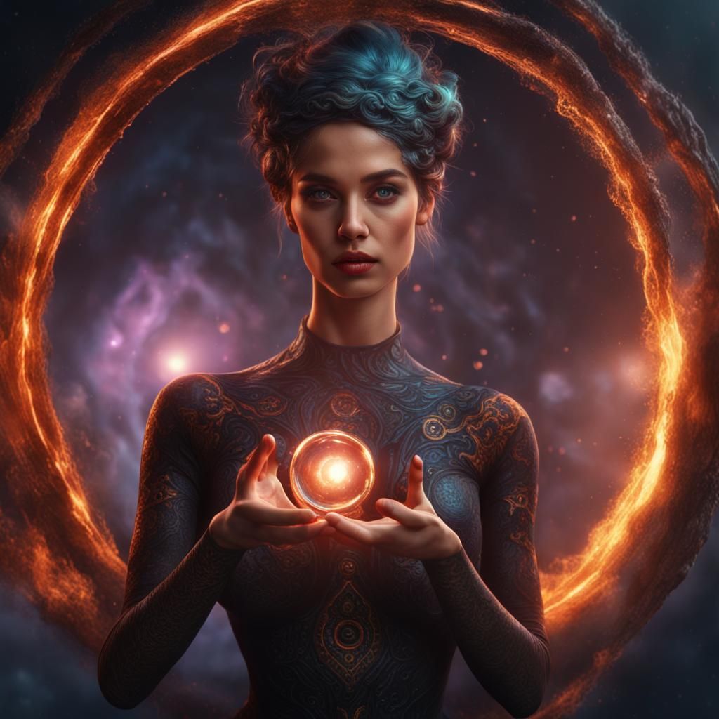 Woman Holding Blackhole: Detailed Matte Painting