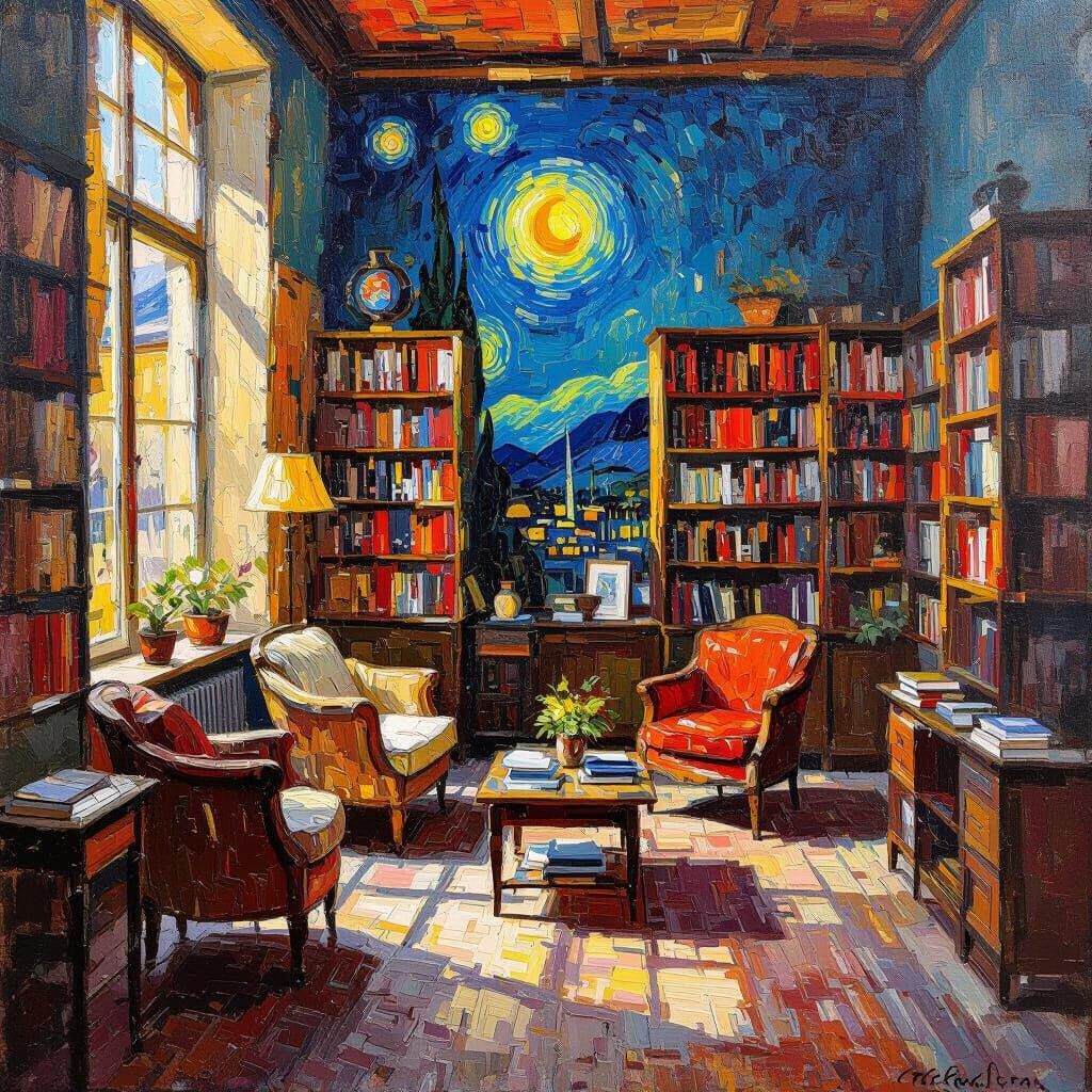 Van Gogh Inspired Library in Poetic Realism Style