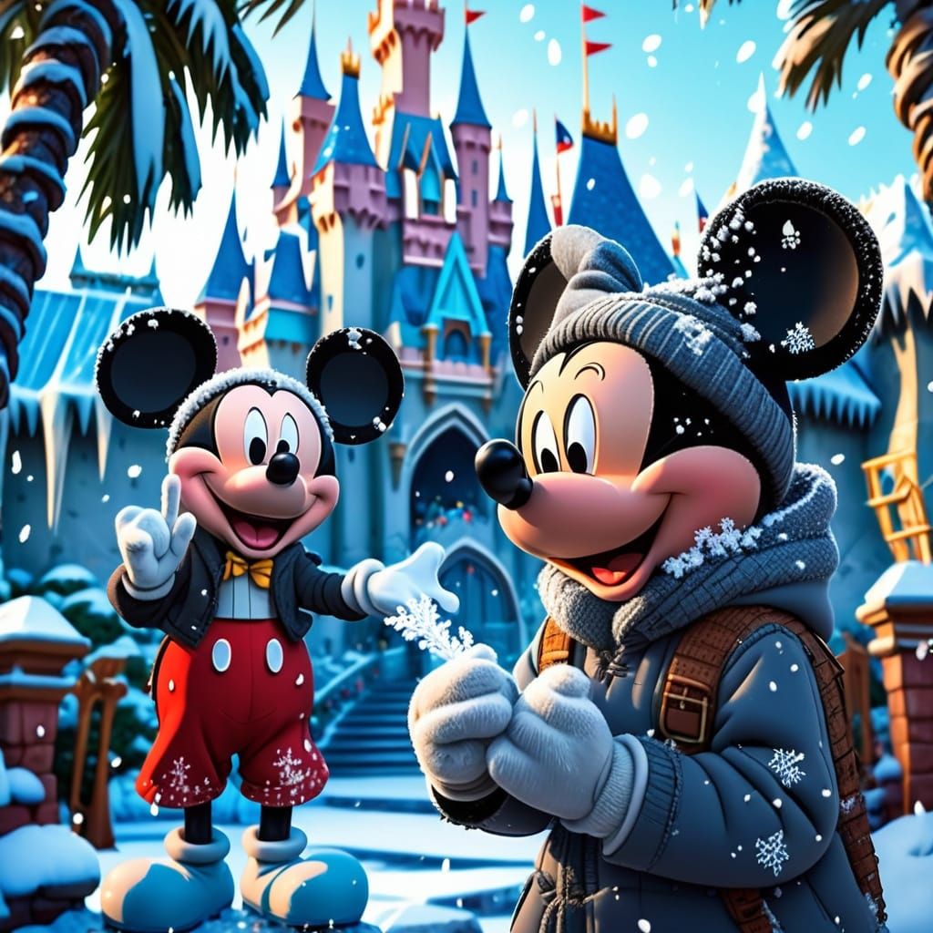 Disney World Covered in Snow with Mickey and Minnie