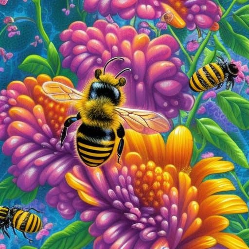 Bees in Lisa Frank and Thomas Kinkade Styles