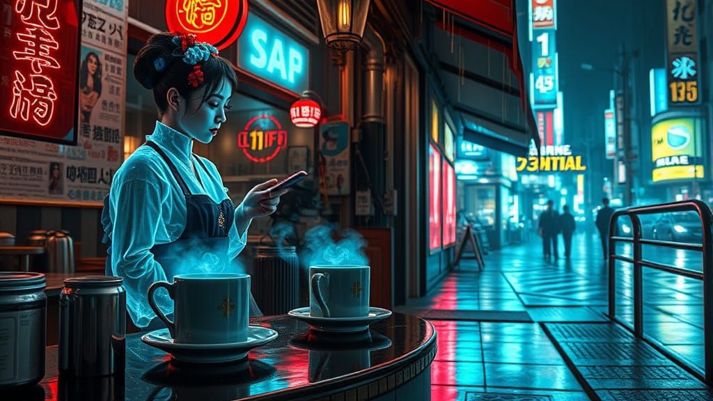 Cyberpunk Cafe with Holographic Geisha Barista