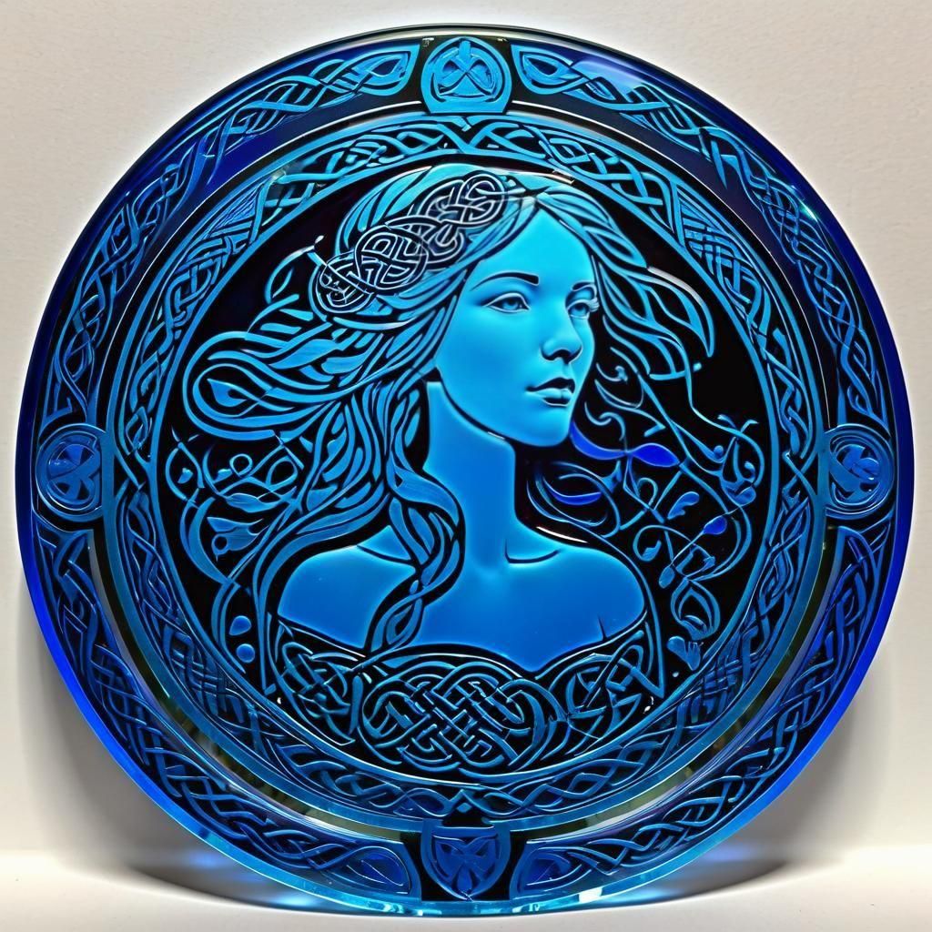 Art Nouveau Celtic Woman Etched in Blue Glass