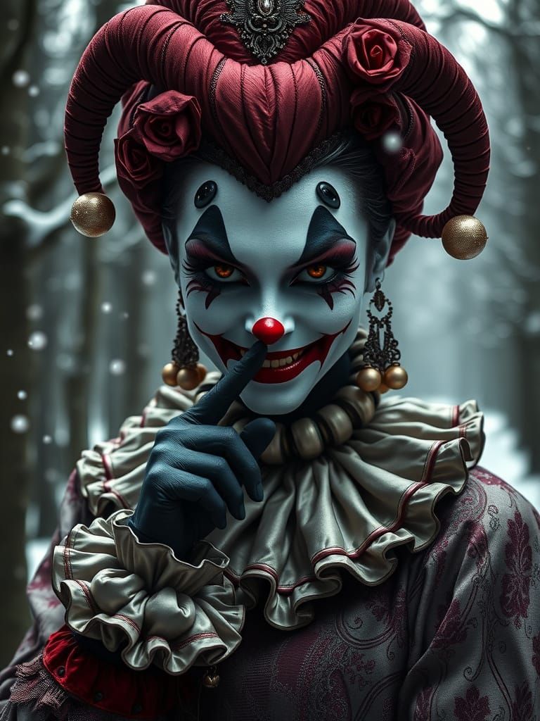 Evil Harlequin Woman in Victorian Costume, Winter Forest