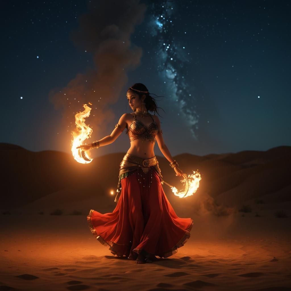 Belly Dancer Wielding Flame in Desert Oasis