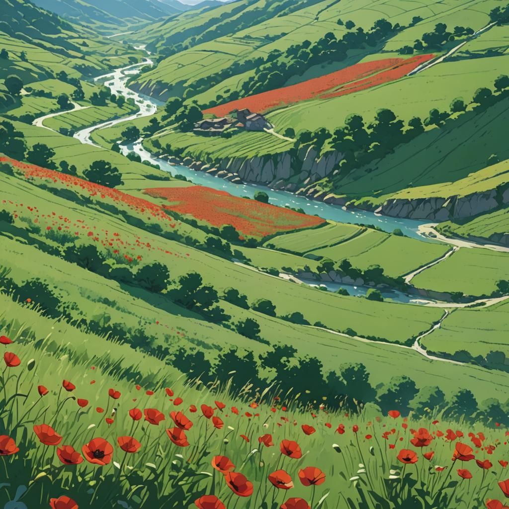 Poppy Field in Anime Style by Makoto Shinkai