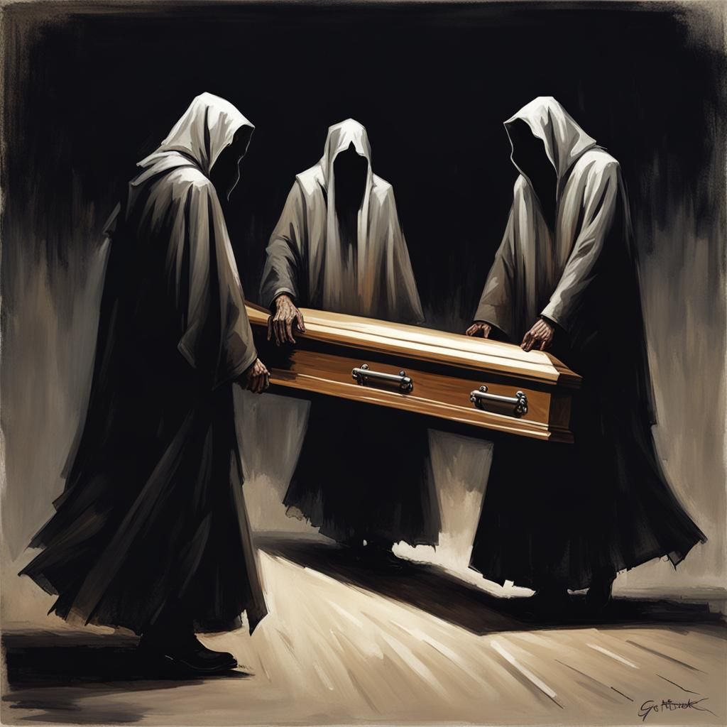 Sinister Penitents Push Coffin in Gothic Fantasy Style