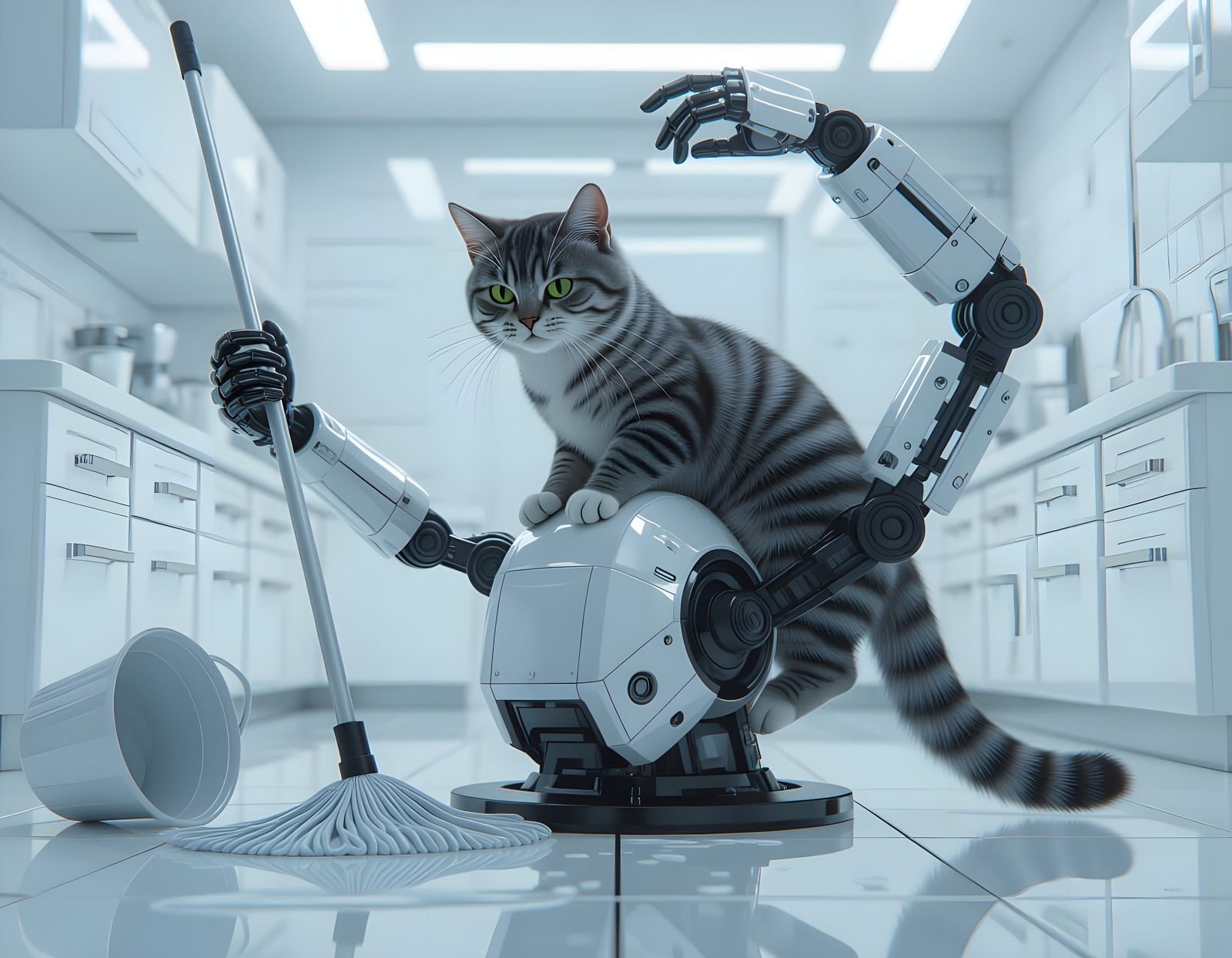 Angry Cat on Robot in Futuristic Kitchen