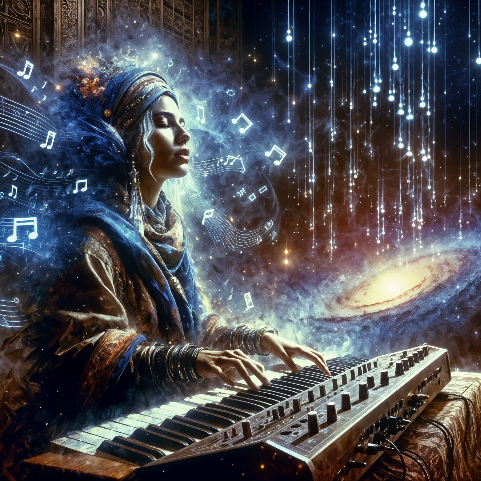 Cyberpunk Shaman Priestess Lost in Musical Cosmos