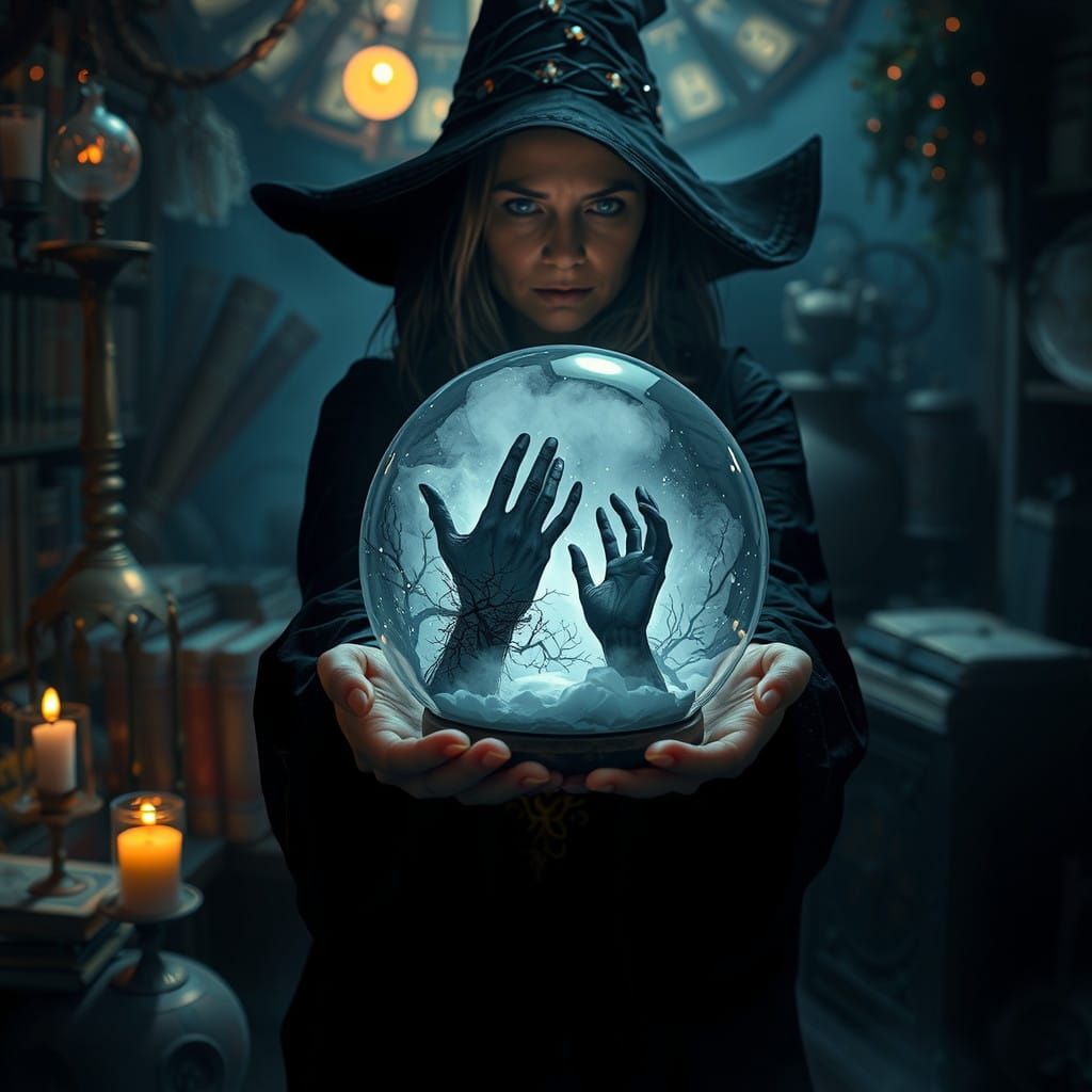 Mystical Witch Cradles Shrouded Snow Globe