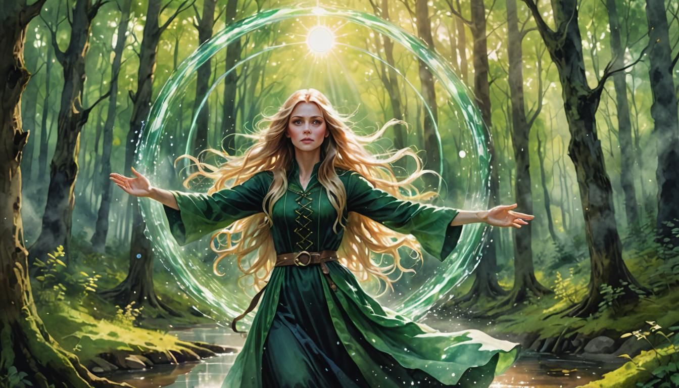 Magical Witch Levitating with Water, Watercolor Style