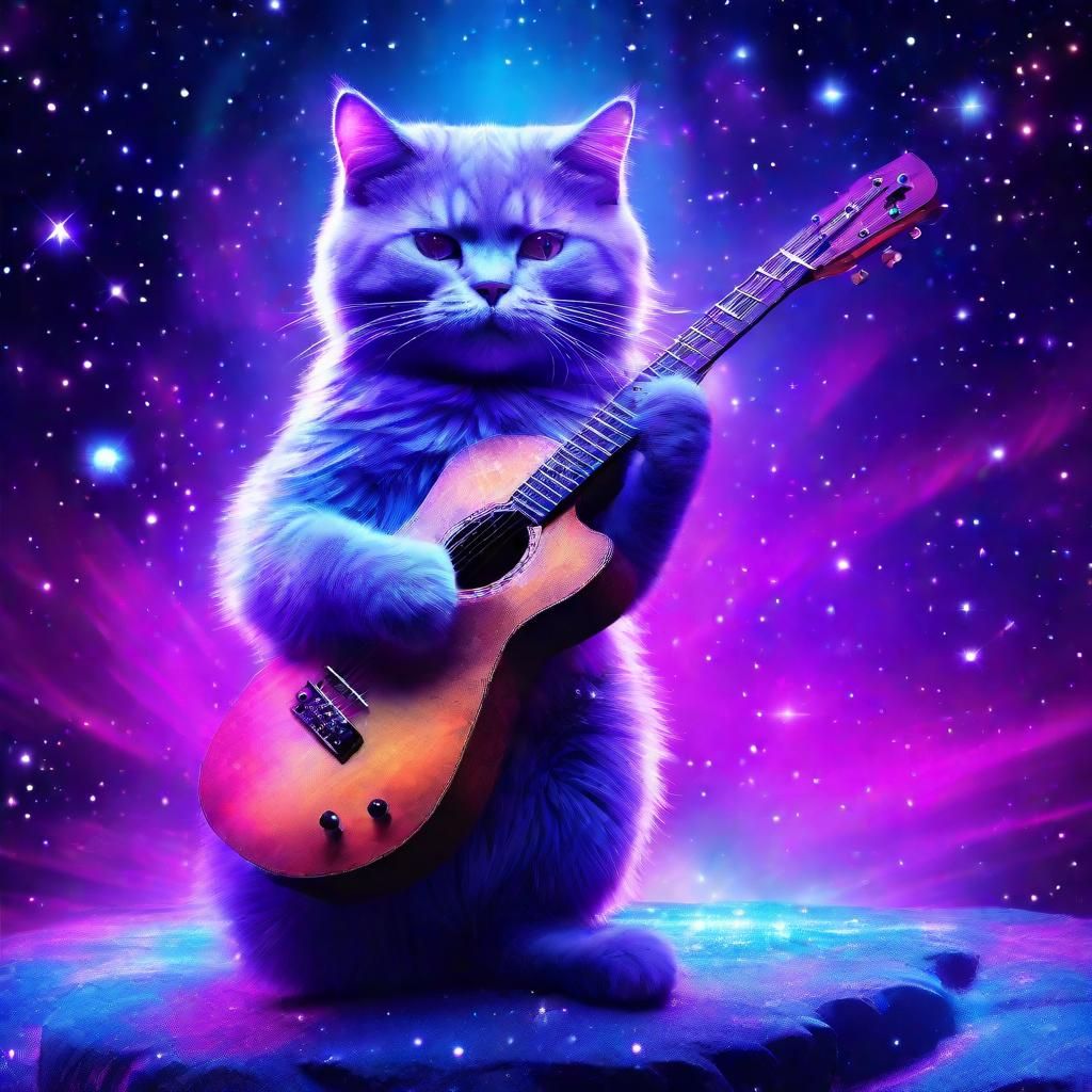 Cosmic Cat Rock Star Holographic Illustration