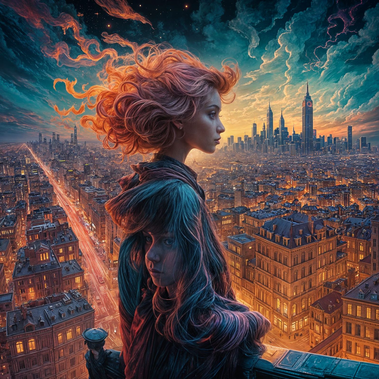 Hyperrealistic Somnambulist in Dreamy Cityscape