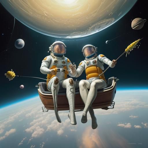 Astronauts Fishing in Space: A Surreal Voyage