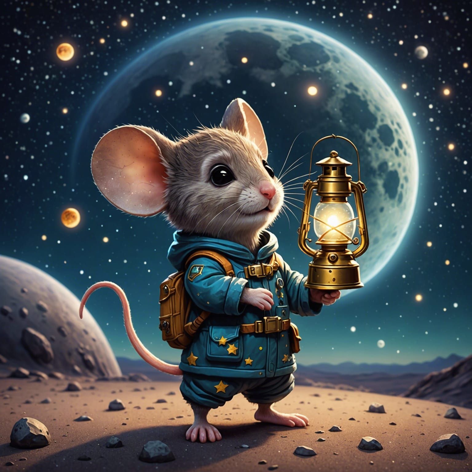 Chibi Mouse with Firefly Lantern on the Moon