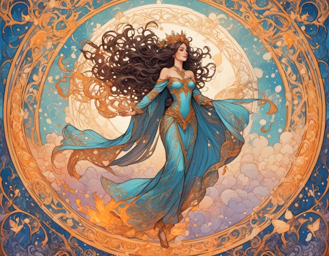 Air Goddess with Pastel Outlines and Dawn Rays