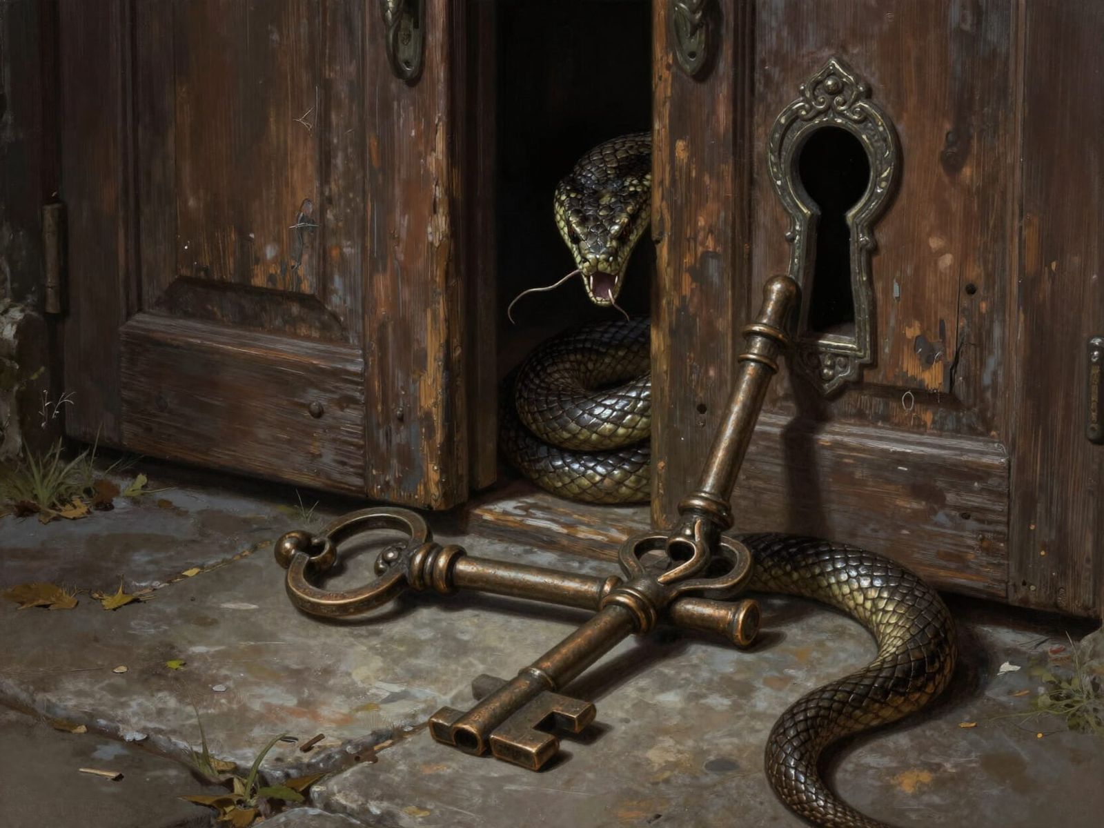 Bronze Skeleton Key Guarded by Serpent in Dark Fantasy Digit...