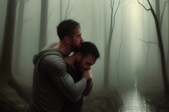 Comforting Embrace in a Dark Fantasy Forest
