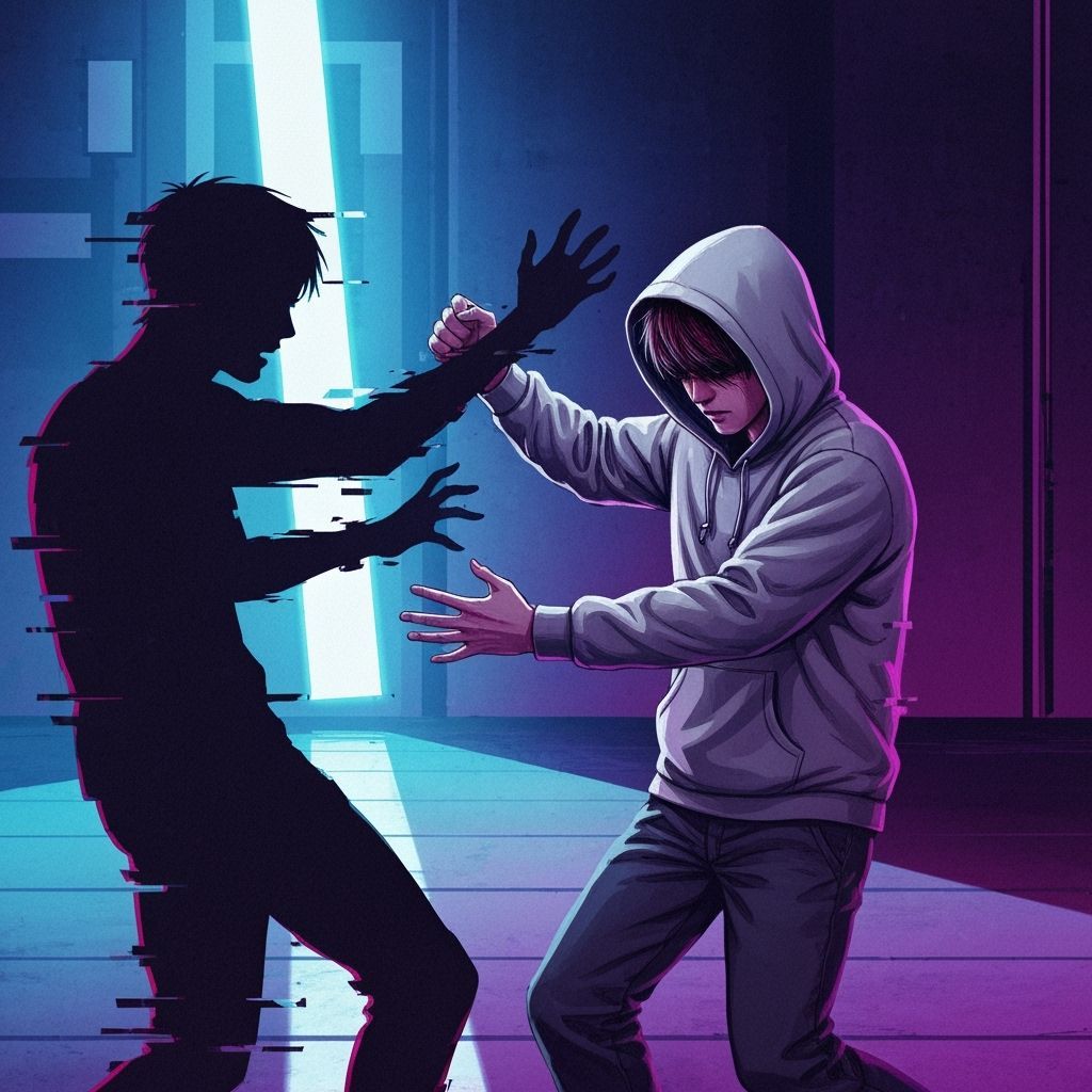 Man Wrestles Digital Shadow in Graphic Novel Style