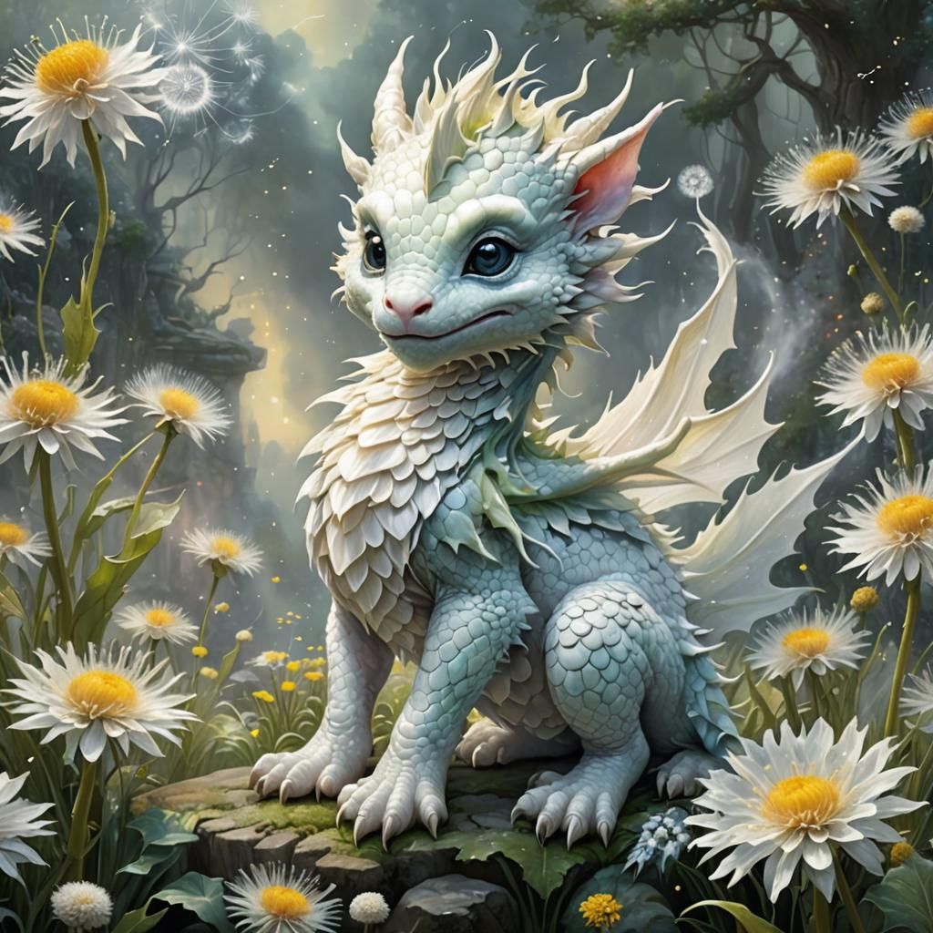 Ethereal Dandelion Dragon in a Fantasy Landscape