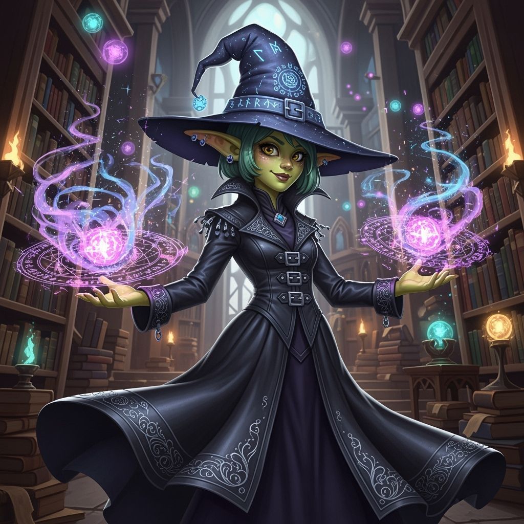 Female Goblin Illusionist Wizard in Whimsical Style