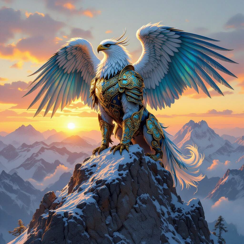 Griffin in Armor on Mountain Peak at Sunset