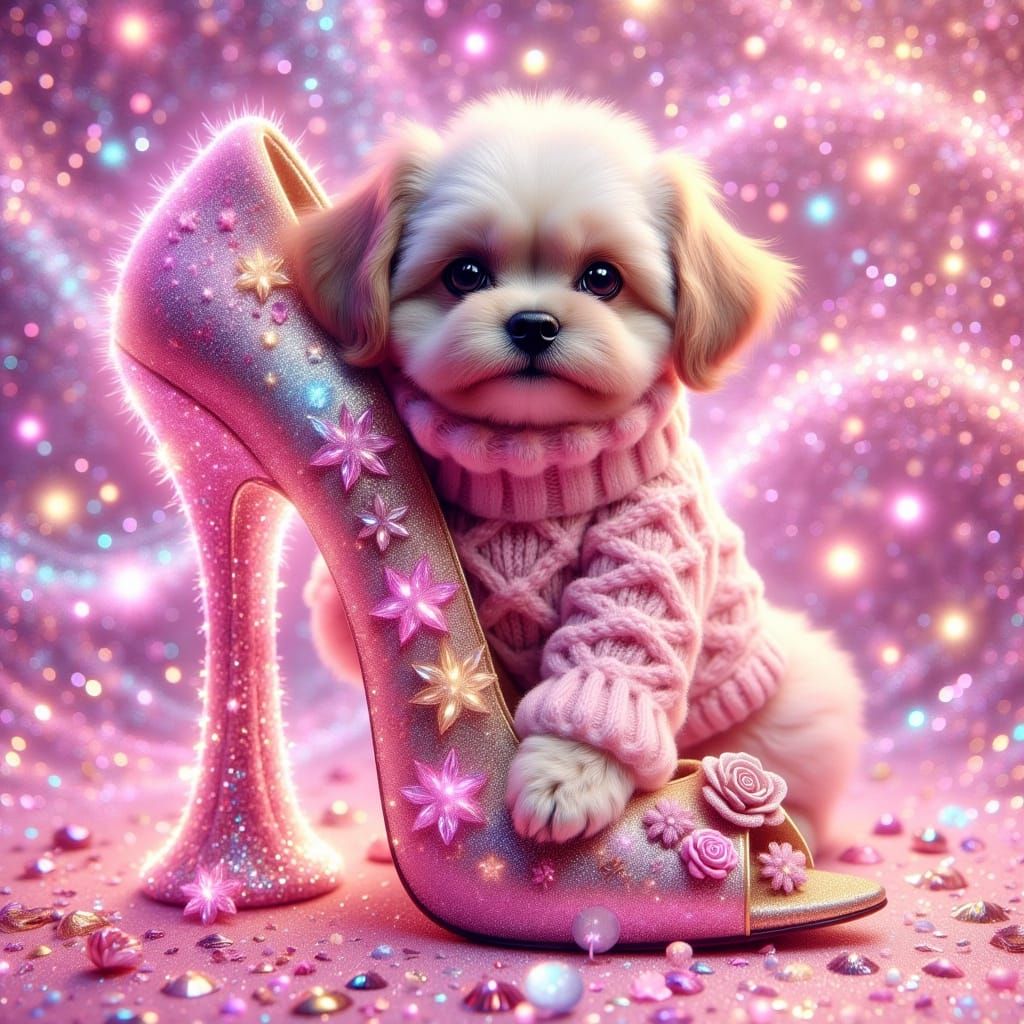 Shih Tzu in Pink Shoe, Murakami-esque Illustration