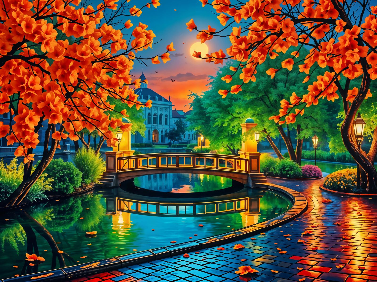 Neon Landscape in Impasto Style with Arched Bridge