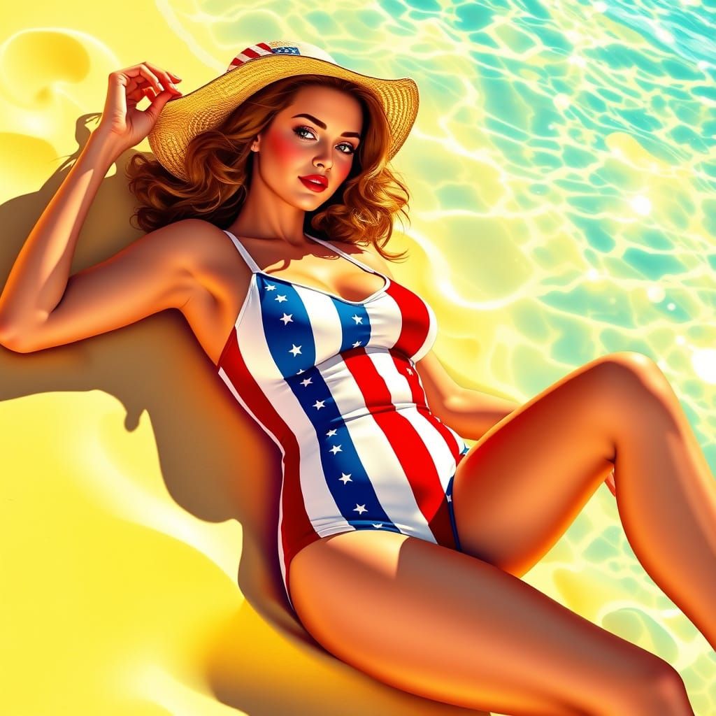 Pin-Up Woman on Sunny Beach in Digital Art Style