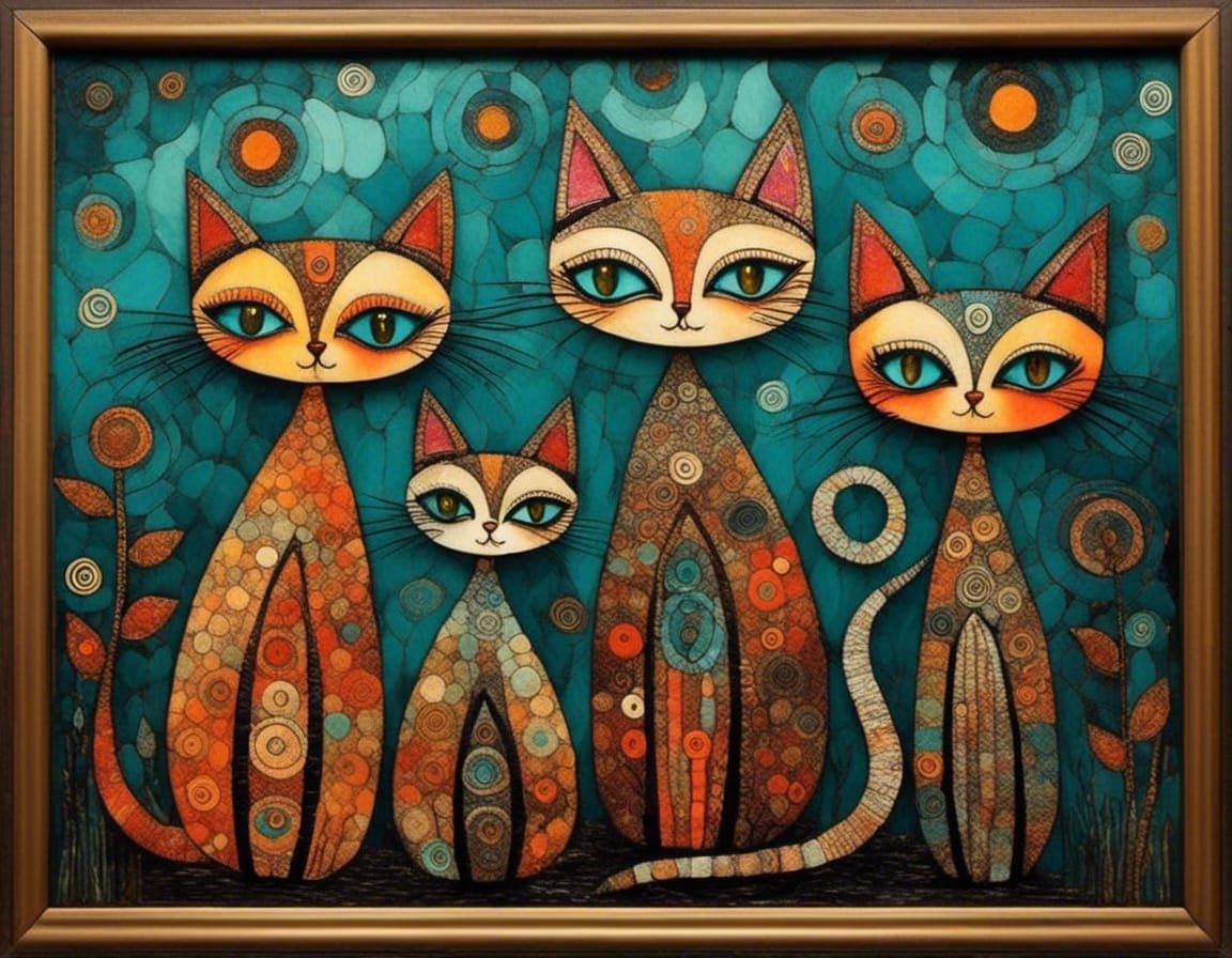 Three Big-Eyed Cats in Art Brut Style