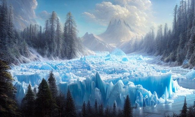 Majestic Glaciers Over Lush Valley, Fantasy Landscape