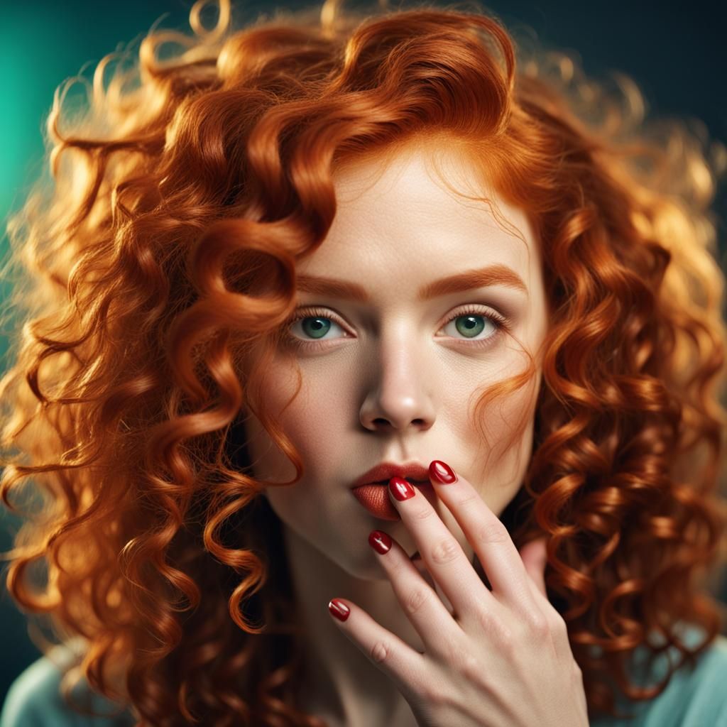 Redhead Woman Blowing Kiss in Hyperrealistic Style