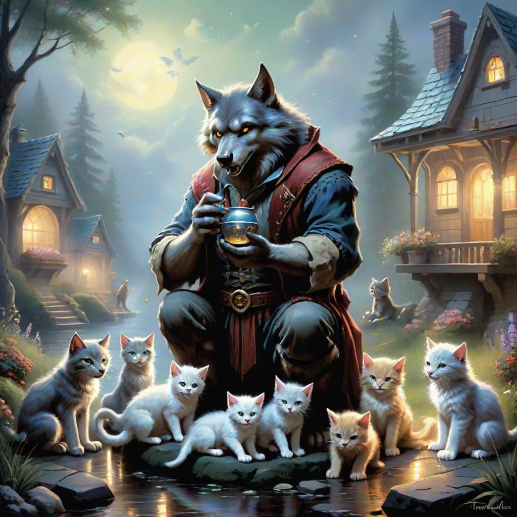 Werewolf Nurtures Kittens in Ethereal Fantasy Mist