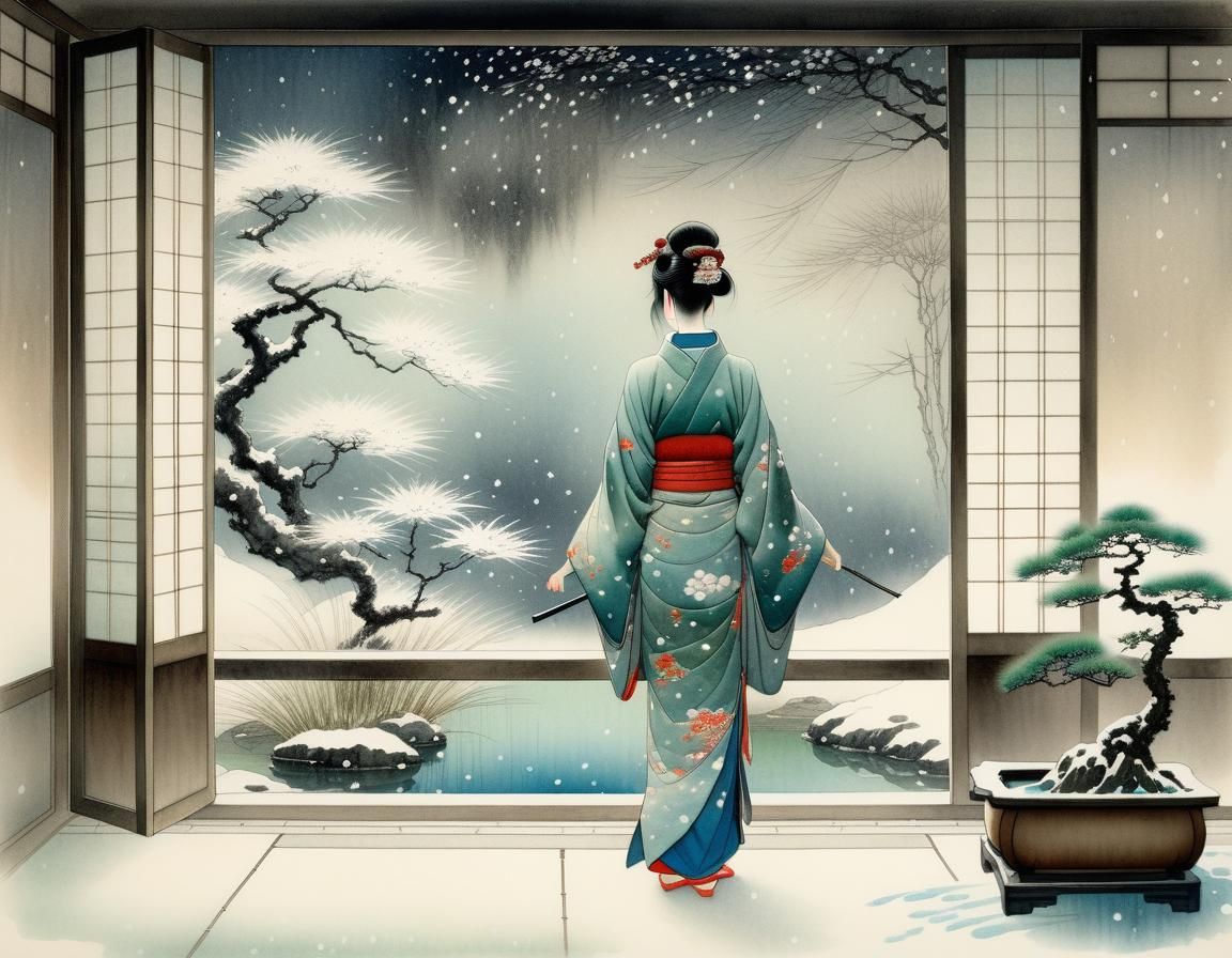 Girl in Kimono at Snowy Window, Watercolor Style