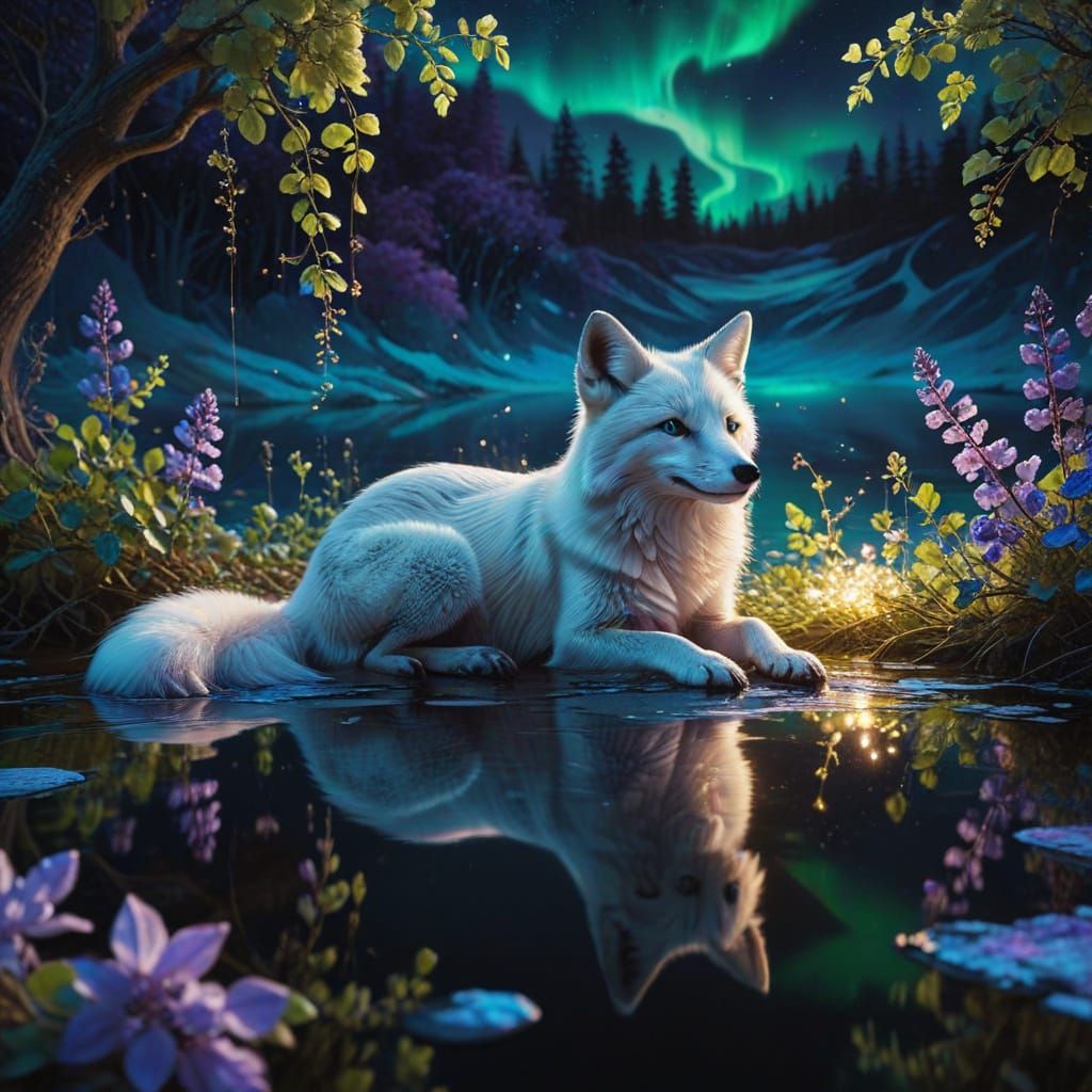 White Fox Beneath Aurora Borealis: Surrealist Oil Painting