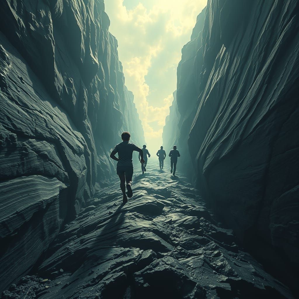 People Leaping into a Dark Abyss in Hyperrealistic Style