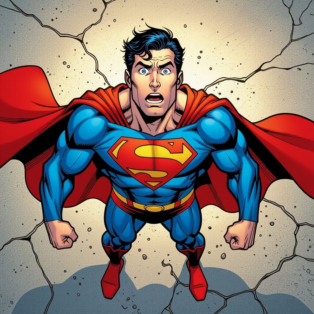 Superman Shocked on Cracked Concrete in Comic Art Style