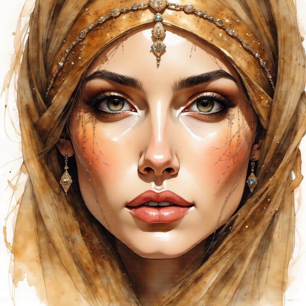 Digital watercolor Illustration of a Beautiful young woman i...