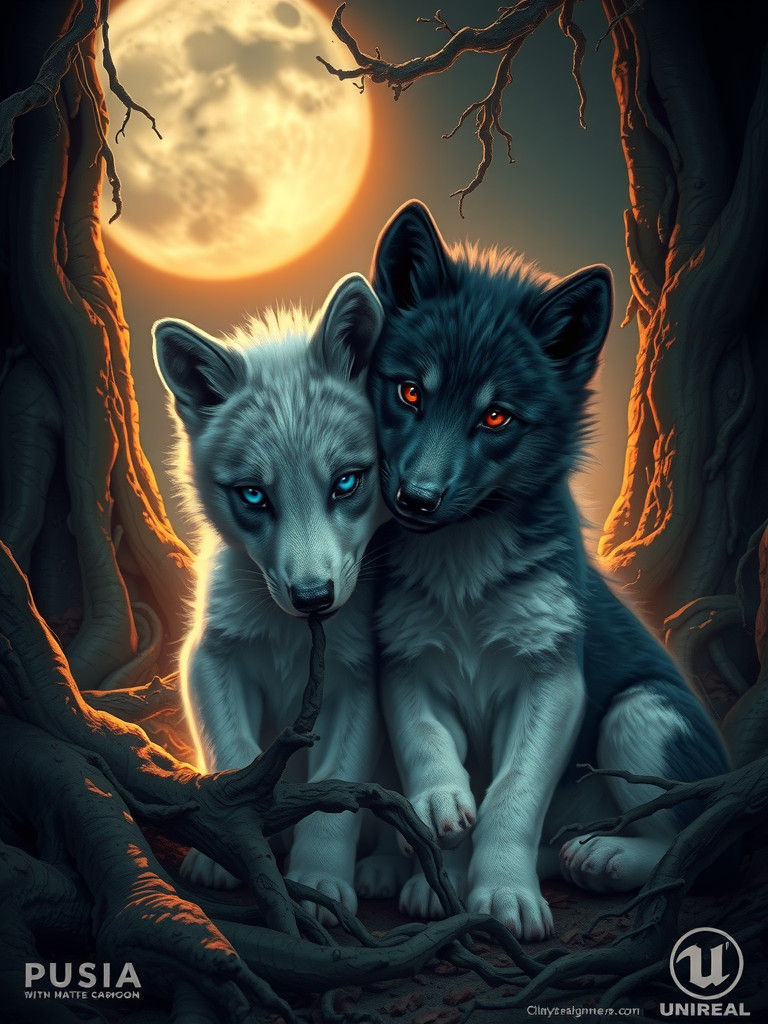 Mystical Wolf Pups in Moonlit Forest: Fantasy Art