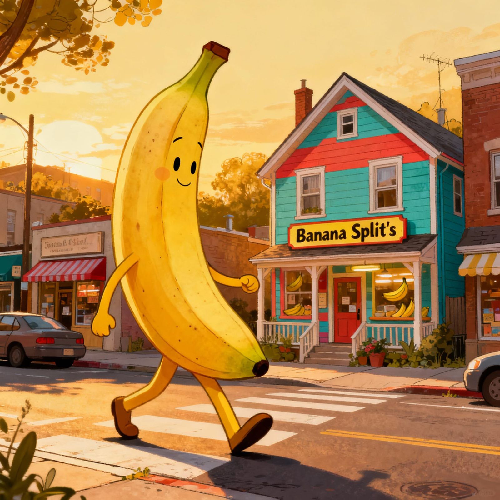 Giant Banana Walks Through City Street in Storybook Style