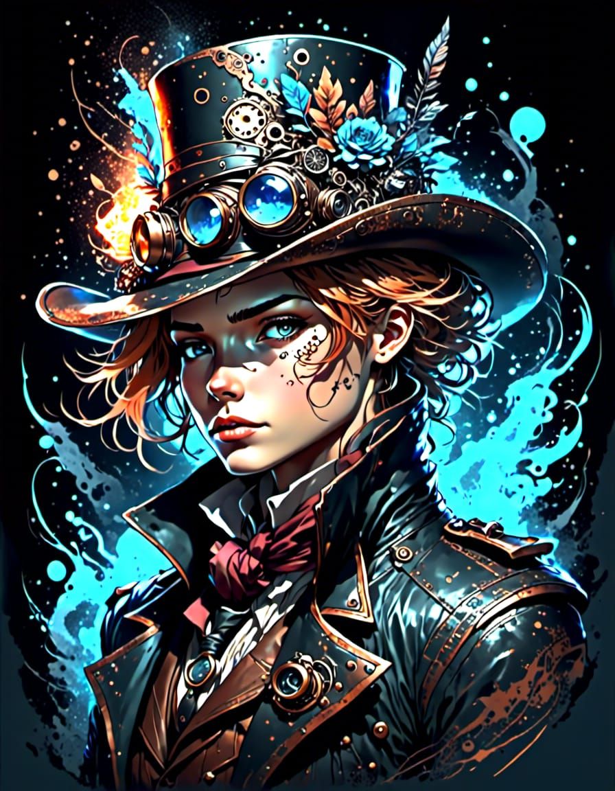 Steampunk Cowboy Portrait with Copper Armor and Ink Linework