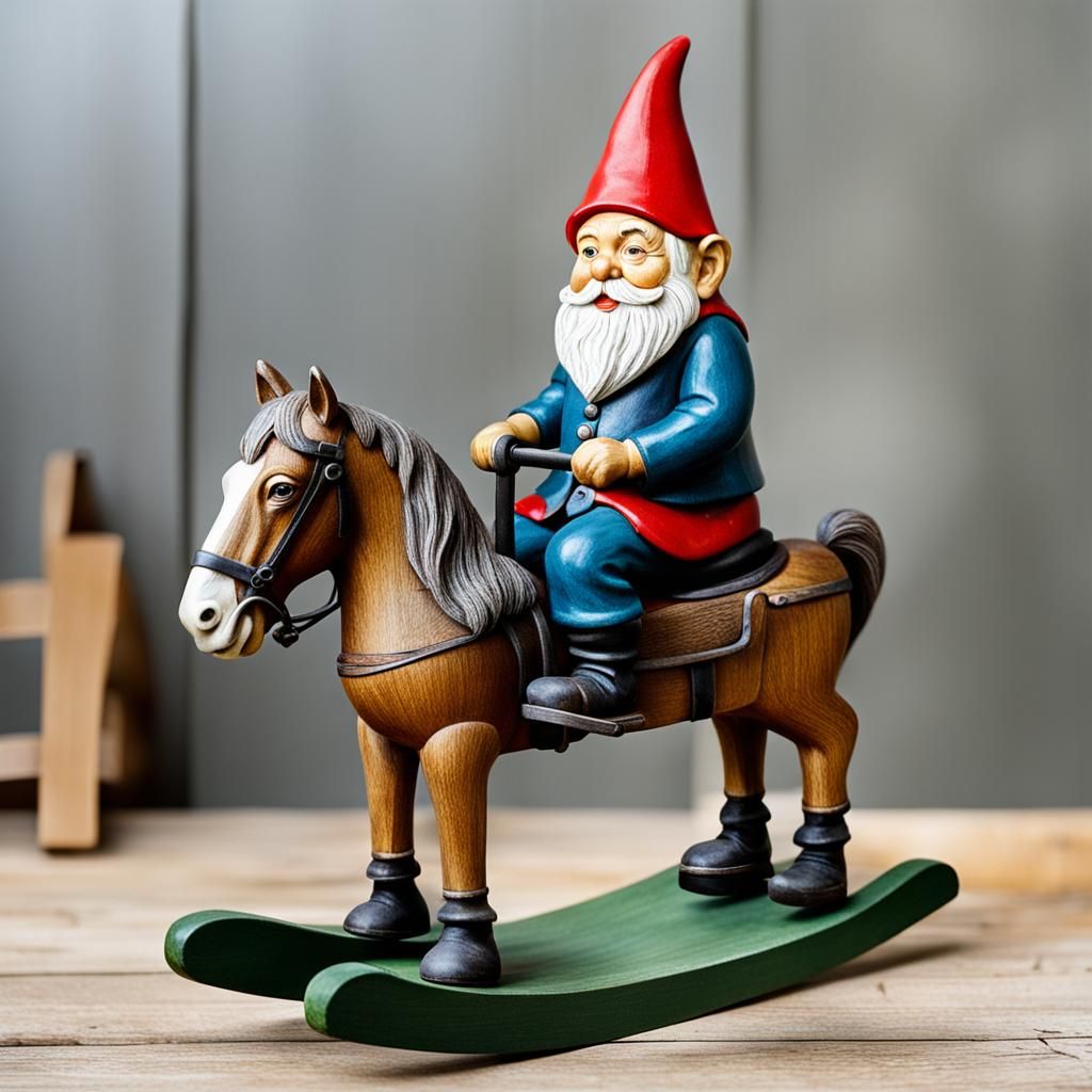 Gnome on a child's rocking horse