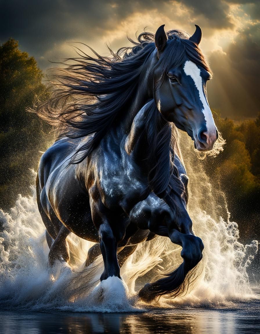 Opalescent Clydesdale Galloping Through Water