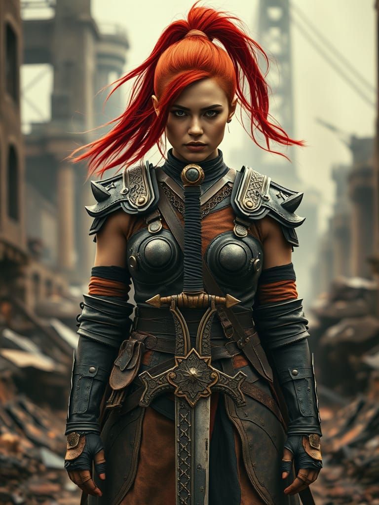 Steampunk Warrior Woman in Dystopian Ruins