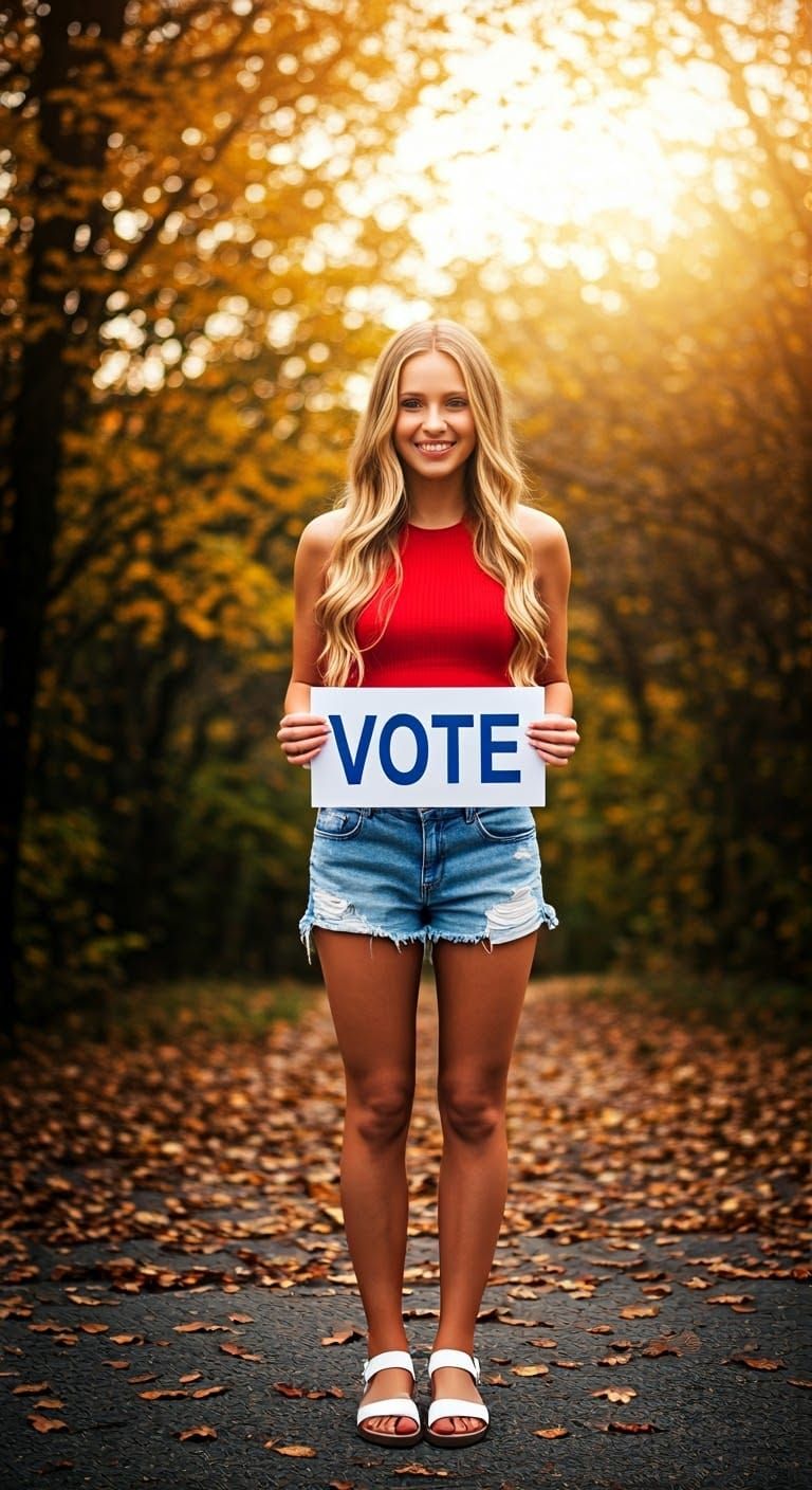 Radiant Woman Holding Vote Sign, Cinematic Fall Scene